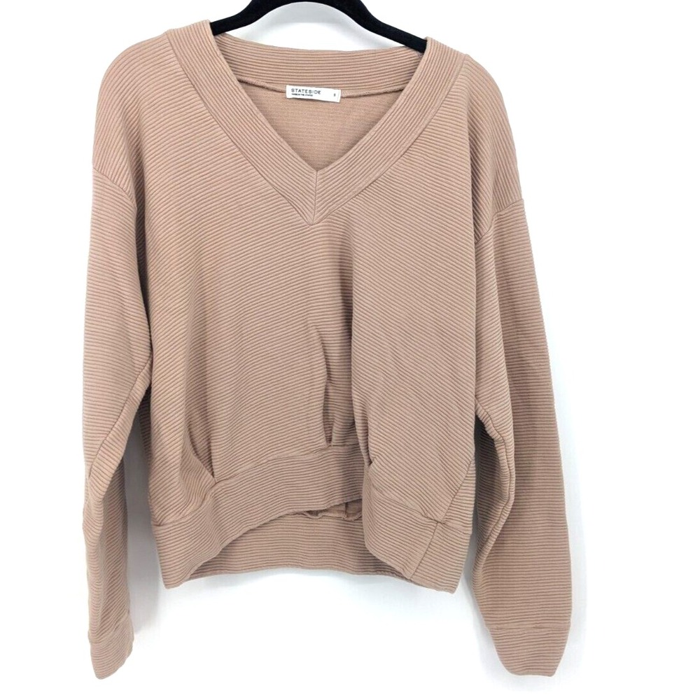 Stateside Sweatshirt Women Small Tan Ribbed V-Neck Cropped Pullover Oversized